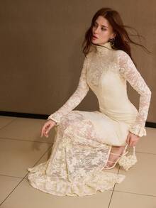 MOTF PREMIUM FASHIONABLE MOCK NECK ELEGANT LACE TRIM SATIN SHEEN RUFFLE HEM MAXI DRESS - Apricot - View 7