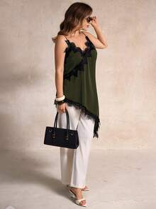 Elegantrix 大码女式都市休闲蕾丝不对称下摆 V 领拼接纯色吊带背心 - 軍綠色 - 查看 5