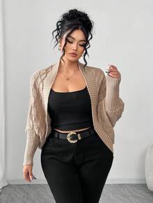 Elenzga Elegante cardigan a mantella di moda con motivo a rombi, taglie comode - Cachi - Visualizzare 3