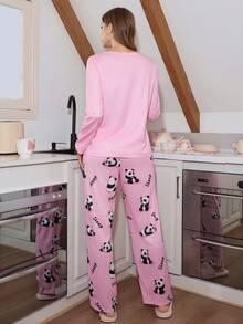 SweetSlumber Cute Panda Print Women's Pajama Set,Pink Comfortable Loungewear Sleeping Set For Fall & Winter Clothes - Multicolor - View 2