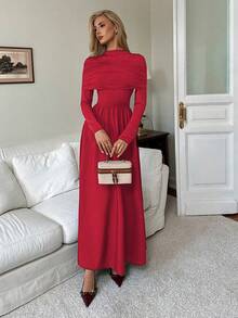 Elenzga 优雅浪漫修身A字露肩高领长袖连衣裙（女款） - 紅色 - 查看 3