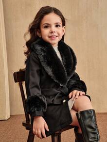 SHEIN 女童仿毛皮领大衣，优雅可爱，厚实保暖，适合小女孩冬季穿着。款式包括：女童冬季外套、黑色女童外套、仿毛皮女童外套、系带女童外套、连衣裙外套、幼儿女童秋季冬季外套。 - 黑色 - 查看 3
