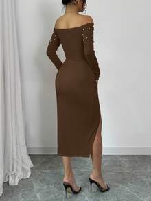 Elenzga Women's Open Shoulder Long Sleeve Ruched High Slit Pearl Design Bodycon Dress For New Year Clothes - Brown - View 2