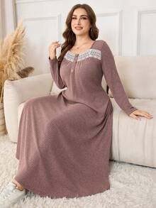 Lacomfia 大码纯色长袖针织秋冬罗纹长款休闲蕾丝边连衣裙 - 藕粉色 - 查看 6