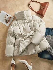 SHEIN x Carly Lawrence Anewsta 加厚中长款立领收腰女式夹克 - 米色 - 查看 7