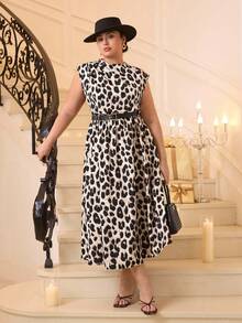 SHEIN MOD 大码女式豹纹无袖连衣裙，优雅办公室连衣裙（配腰带） - 彩色 - 查看 7