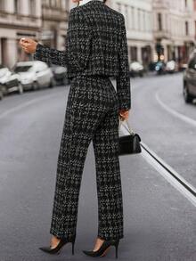 Editum 女士黑白仿粗花呢印花针织西装套装 - 黑與白 - 查看 2
