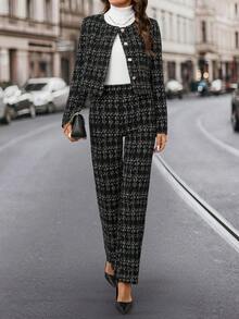 Editum 女士黑白仿粗花呢印花针织西装套装 - 黑與白 - 查看 8