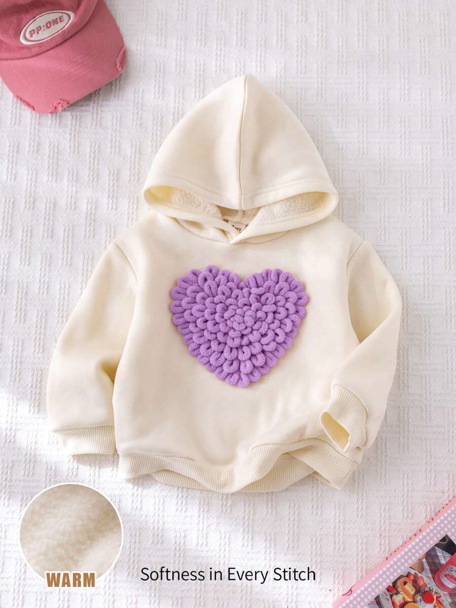 Cozy Pixies Baby Girl 3D Heart Hooded Long Sleeve Pullover Sweatshirt, Casual & Versatile, Soft Knit - Purple - View 1