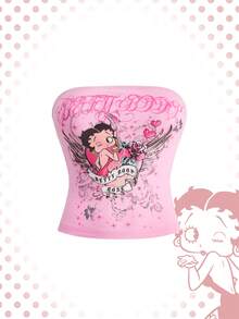 Betty Boop | ROMWE Women's Y2K Spicy Sweet Retro Betty & Heart Wing Print Tube Top - Pink - View 1