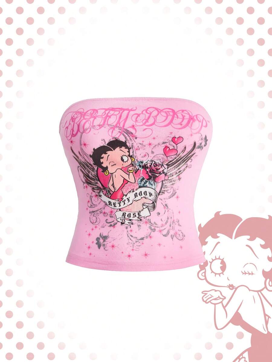 Betty Boop | ROMWE Women's Y2K Spicy Sweet Retro Betty & Heart Wing Print Tube Top - Pink - View 1