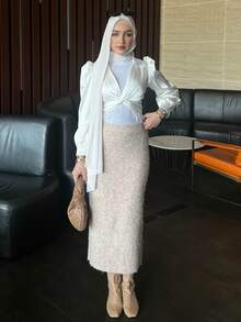 DAZY 女士优雅针织修身半身裙，适合秋冬季节的派对、婚礼、宴会等场合，尽显端庄时尚。 - 卡其色 - 查看 3