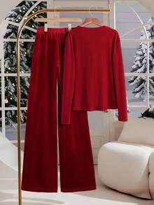 GlowEve Bộ 2 món/Bộ 2025 Áo thun dài tay và quần dài Giáng sinh cổ điển thanh lịch mới thu/đông - Màu Đỏ Sâu - Xem 2