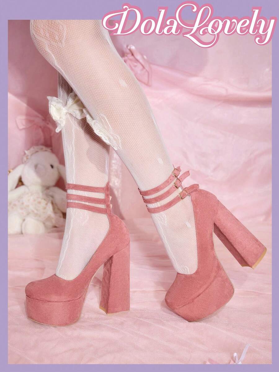 Dola Lovely 圣诞/感恩节女士粉色厚底防水坡跟玛丽珍鞋，洛丽塔风格，秋冬款 - 粉色 - 查看 1