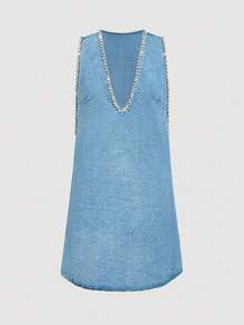 Selenza 女士水钻装饰深V无袖性感时尚牛仔连衣裙 - 藍色 - 查看 12