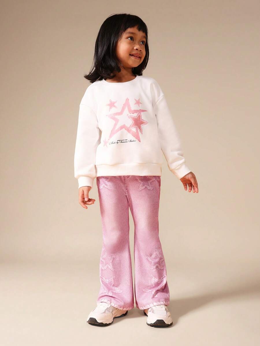 SUMWON Girls Star Print Sweatshirt And Pants Set Winter Casual Co-Ord Outfit - Pink - View 1