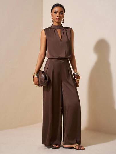 Veslaya 2025 Autumn New Arrival Elegant Vintage Romantic Classic Retro Style Women's Date Night Outfit, Sexy Solid Brown Sleeveless Deep V Hollow Out High Neck Straight Blouse And Wide Leg Pants Plus Size 2 Pieces Set
