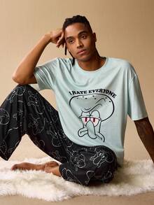 SpongeBob SquarePants | SHEIN Men Comfortable Cartoon Graphic Top & Pants Loungewear Set - Mint Blue - View 1