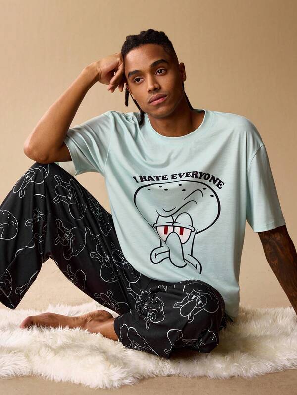 SpongeBob SquarePants | SHEIN Men Comfortable Cartoon Graphic Top & Pants Loungewear Set