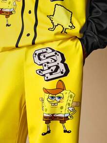 SpongeBob SquarePants | SHEIN Męski komplet z kapturem i spodniami w bloki kolorów i kreskówkowym wzorem - Czarne - Zobacz 5