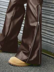 AXEPEAK Men's Fashion Zipper Design PU Leather Loose Pants - Brown - View 5