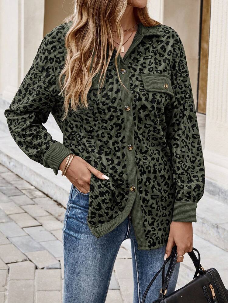 Plus Size Women Leopard Print Patchwork Shirt Style Jacket, Autumn/Winter