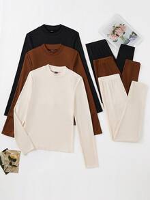SHEIN LUNE 2件套女士休闲纯色长袖上衣和裤子套装 - 彩色 - 查看 4