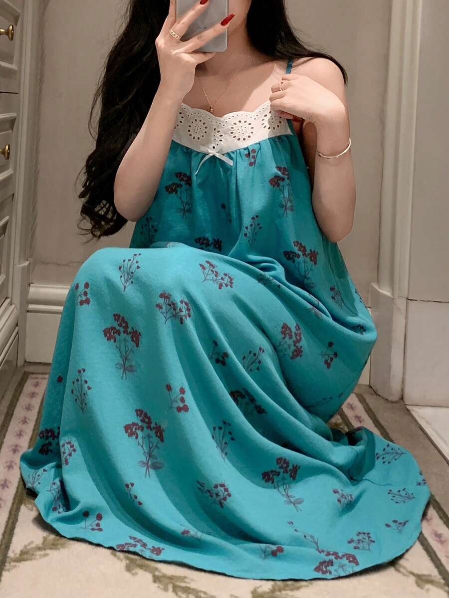 DAZY 女士花卉印花拼接饰边吊带睡裙 - 藍色 - 查看 1