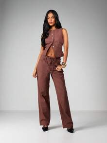 MISSGUIDED Hoher Bund, weite Beine, Hose mit Kordelzug-Taille und Gürteldetail für Frauen, Lässig Hose für Herbst und Winter - Braun - Übersicht 3