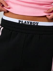Missguided x Playboy Quần short bóng rổ có logo sọc hai bên và hình thỏ - Nhiều màu - Xem 4