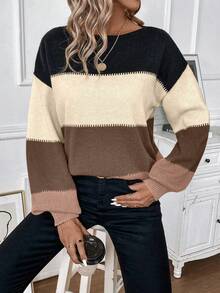 SHEIN LUNE Áo len dệt kim dáng rộng trễ vai màu tương phản, thường ngày đi làm cho nữ, mùa thu/đông - Màu Khaki - Xem 3