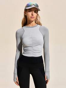 Exploreva Áo thun thể thao ngoài trời dài tay họa tiết xếp ly lỗ xỏ ngón tay cái phía trước đa năng, thoải mái - Nhiều màu - Xem 4