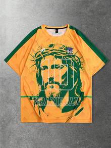 ROMWE MEN Prep 男士插肩袖圆领休闲创意人像图案百搭夏季足球印花短袖T恤 - 黃色 - 查看 3