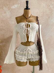 Soleia 2pcs Women's Fashionable Sexy Off-Shoulder Tie-Up Sweater Set - Apricot - View 4