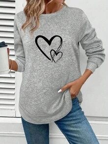 SHEIN LUNE Áo sweatshirt nữ cổ tròn, dáng bất đối xứng, lót giữ nhiệt, thoải mái, họa tiết trái tim, đa năng và thanh lịch, phù hợp mặc ngoài trời, phong cách thu đông, thường ngày. - Xám - Xem 6