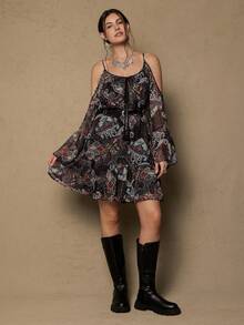 Freevana Vestido de hombros descubiertos con estampado de paisley de talla grande, otoño - Negro - Ver 4