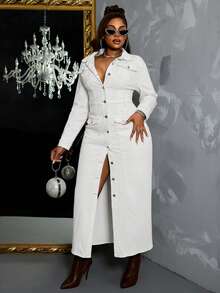 Slaydiva Plus Size Fashionable Commuter Solid Color Front Button Denim Dress - White - View 3