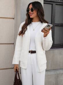Pariaura Cardigan ample à capuche de couleur unie avec grandes poches, cardigan en tricot blanc pour femmes en automne/hiver. Cardigan casual blanc pour femmes, blanc pour le brunch - Blanc - Voir 5