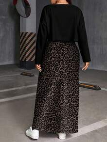 SHEIN Essnce Plus Size Casual Solid Color Long Sleeve Top And Leopard Print Dress 2-Piece Set, Autumn Leopard Skirt Skirt Long Cheetah Skirt/Winter