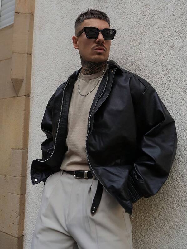 Artur Kramer Erkek Günlük Bol Kesim İş Deri Ceket, Eski Para Tarzı, Sonbahar Kış, Grunge