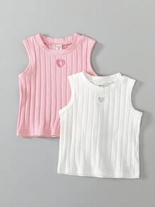 Sweetra 2件装 心形刺绣镂空圆领罗纹背心 适合年轻女孩 - 粉色 - 查看 5