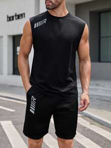 Manfinity Homme Men Summer Letter Graphic Tank Top & Shorts For Sports - Black - View 1