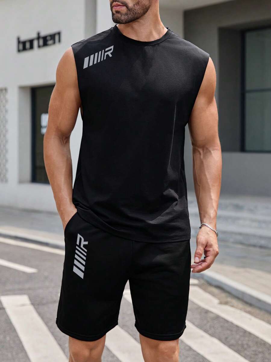 Manfinity Homme Men Summer Letter Graphic Tank Top & Shorts For Sports - Black - View 1