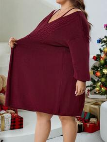 SHEIN CURVE+ Váy len dệt kim hở vai tay đèn lồng màu đỏ rượu vang cỡ lớn dành cho nữ, dáng rộng, thiết kế thường ngày, mùa thu/đông, lễ tạ ơn và giáng sinh - Màu Đỏ Sâu - Xem 8