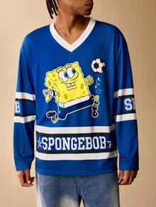 SpongeBob SquarePants | SHEIN 男士休闲卡通字母图案长袖T恤，秋季款