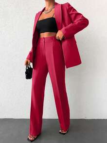EURMUSE Ladies' Solid Color Simple Daily Suit Set - Red - View 6