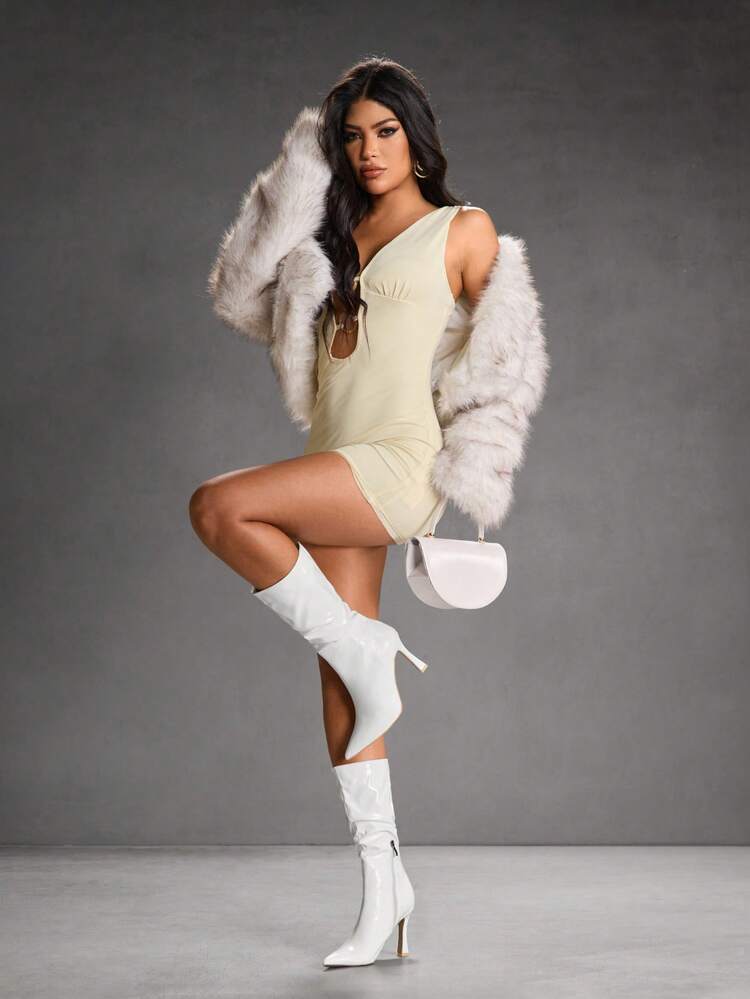 CUCCOO SZL Women's Fashionable Pointed Toe Slim Heel White Mid-Calf Boots, Pleated Boots, Stylish & Sexy For Party And Events For Christmas Spring Shoes