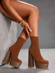 CUCCOO SZL 女士棕色绒面革方头厚底粗跟弹力时尚优雅派对性感侧拉链踝靴，适合圣诞节穿着 - 棕色 - 查看 7