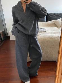 Livesso 女士亮片宽松上衣和运动裤两件套，秋冬季女士运动套装家居服套装 - 灰色 - 查看 4