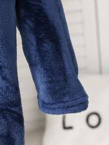 Einfacher, klassischer marineblauer Flanell Jumpsuit mit Kapuze und Reißverschluss Einfarbig für Jungen, perfekt für den Winter. Schlafanzug für Jungen - marineblau - Übersicht 3